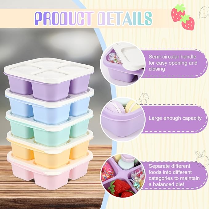 Honeydak 5 Pack Snack Containers 4 Compartment Bento Snack Boxes Reusable Lunchable Containers with Lids Divided Meal Prep Lunch Food Storage Box for School Work Travel(Fresh Macaroon,Equal)
