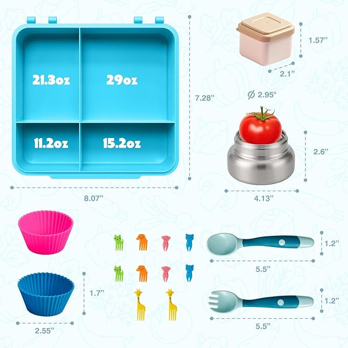 JSLOVE Bento Lunch Box with Leak Proof Thermos Food Jar for Kids, Food Lunch Containers for Boys with 4 Compartments, BPA-Free with Utensils, Food Picks, Sauce Jar & Silicone Lunch Box Dividers
