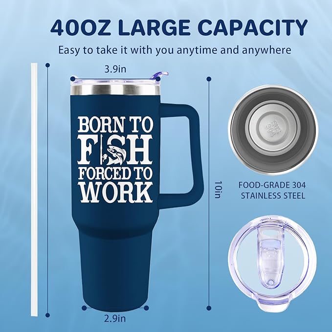 Fishing Tumbler with Handle For Men 40OZ Born to Fish Gift Stainless Steel Cups Insulated Tumblers Fisherman Gifts For Dad Daddy Funny Saying Green Fish White Mugs