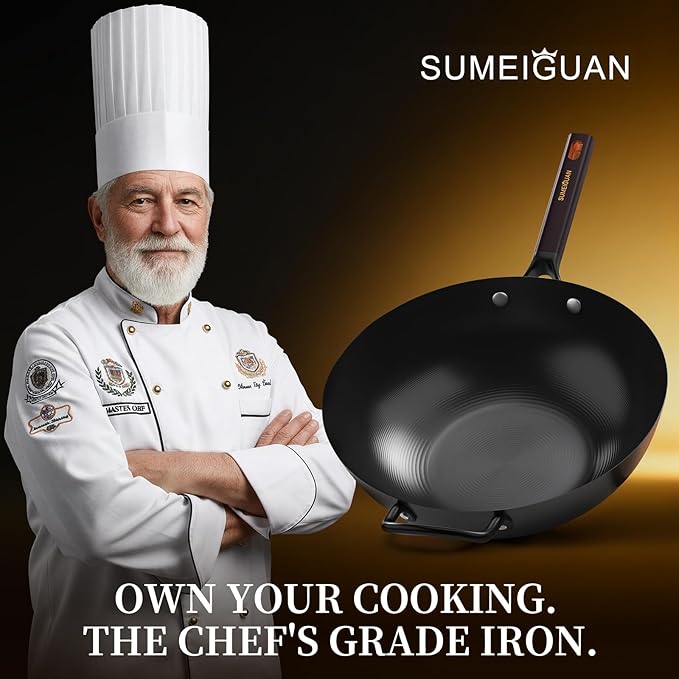 13.5" Carbon Steel Wok Pan - Pre-Seasoned Flat Bottom Woks & Stir-fry Pans Chinese Cookware with Lid & Spatula - For Pan-fry,Stir Fry, Steam, BBQ & Camping - Compatible with Induction, Gas