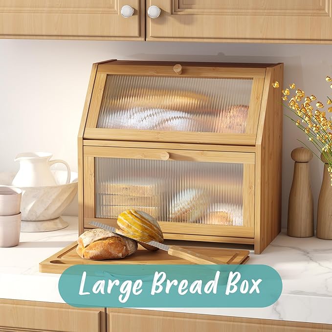Extra Large Bread Box with Cutting Board Bamboo Wood Bread Box for Kitchen Counter, Double Layer Large Capacity Bread Storage Bin with Acrylic Wavy Door Panel (Natural)