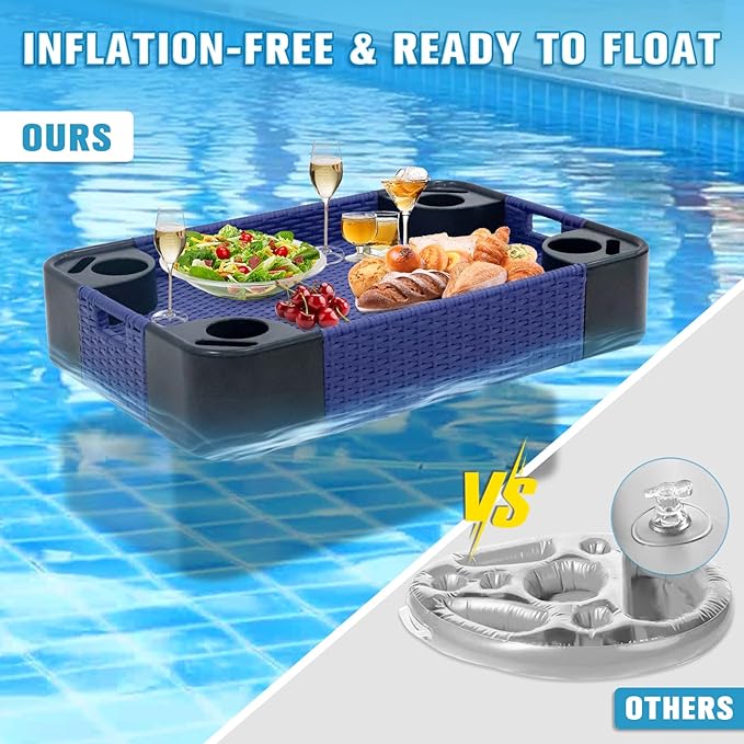 COOS BAY 35''x24'' Rectangular Floating Drink Holder for Pool and Hot Hub, Large Floating Serving Tray with Handles, Wicker Floating Pool Tray for Food and Drinks, Blue