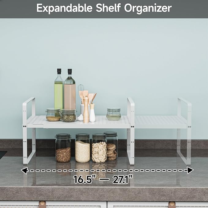 16.5-27’’L Expandable Stackable Cabinet Shelves, Adjustable Spice Rack Cabinet Shelf Organizer for Kitchen, Countertop, Pantry and Cupboard, White