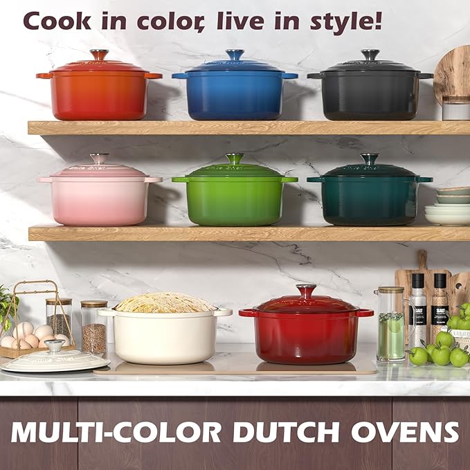 Umite Chef 5QT Enameled Cast Iron Dutch Oven Pot with Lid, Heavy-Duty Cookware for Bread Baking, Braising, Stews, Roasting, Wedding Registry Ideas & Gifts (Pink)