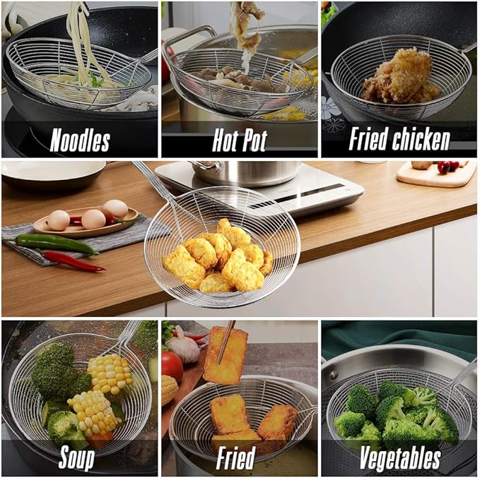 YFWOOD 7.9 Inch Spider Strainer Skimmer, Reinforced Double Coil Wire Skimmer with Large Handle Solid Stainless Steel Strainer Ladle for Cooking and Frying (1 - Piece)