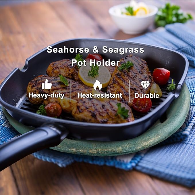 Cast Iron Trivet, Heavy Duty Pot Holder, Seahorse Seagrass Design, Heat Resistant Decorative Kitchen Dining Table Accessory for Hot Pans, Coffee Pots, BBQ