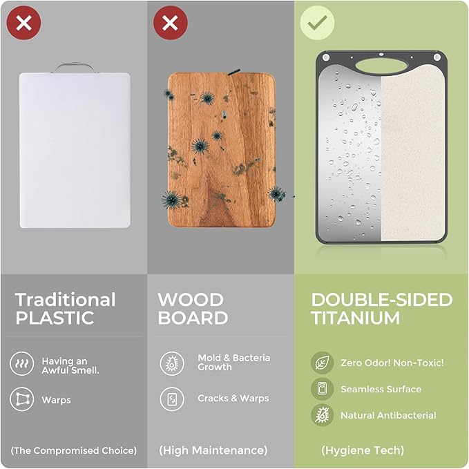 Highly Rated Double Sided Titanium Cutting Board - 15x10 Inch Non-Slip Kitchen Chopping Board with Juice Groove, Wheat Straw Side & Garlic Grater, Dishwasher Safe, Knife-Friendly
