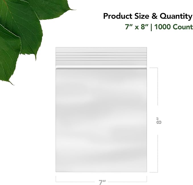 Quart Resealable Plastic Bags 1000 Pack — Clear Reclosable 7 x 8 Inch Food Storage Bags with Zipper Seal for Freezer, Meal Prep, BPA Free