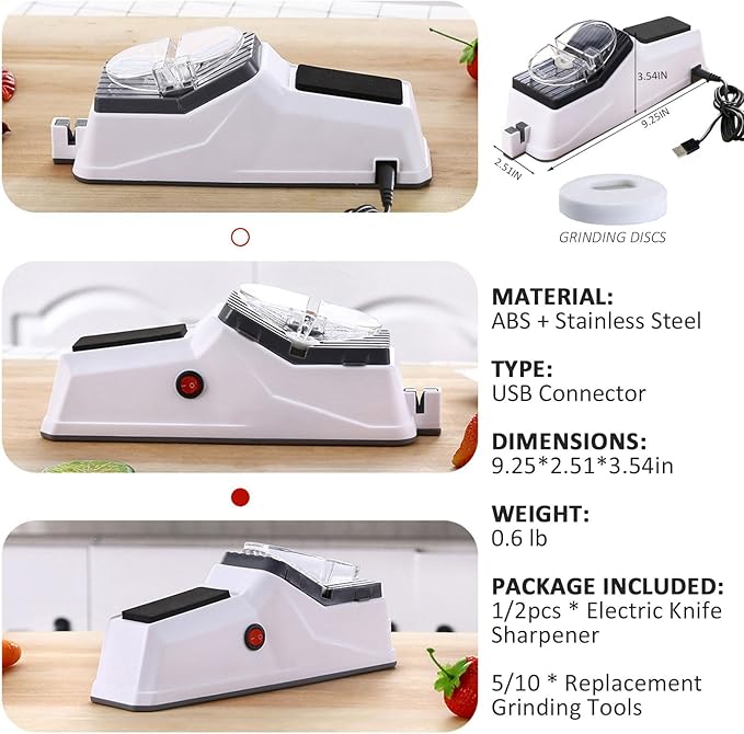 Sharp Pro, Besyner USB Electric Knife Sharpener for Kitchen Knives, Double Sided Knife Sharpener, Quick Sharpening & Polishing, Stable Non-Slip Base with Replacement Grinding Tools (2)