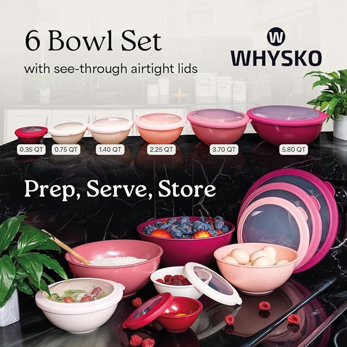 WHYSKO Mixing Bowl Set, 12 Piece Colorful Plastic Mixing Bowls with Lids Set for Food Prep Storage and Serving, Microwave and Dishwasher Safe for Kitchen Baking Cooking