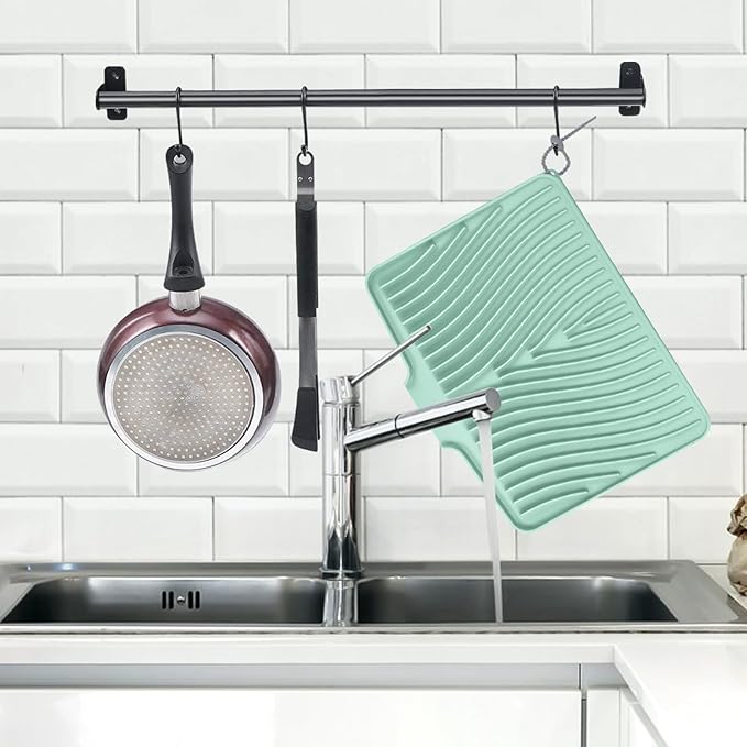 Dish Drying Mat, Stone Drying Mat for Kitchen Counter with Built-in Drain, Non-Slip Drying Matt Kitchen Counter, Heat Resistant Silicone Drying Mat, Dish Drying Pad, 2 Pcs(15.8"X 13", Mint)
