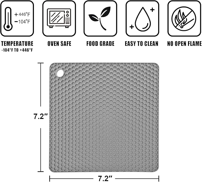 Walfos Silicone Trivet Mats - 4 Heat Resistant Pot Holders, Multipurpose Non-Slip Hot Pads for Kitchen Potholders, Hot Dishers, Jar Opener, Spoon Holder, Food Grade Silicone & BPA Free (Square)