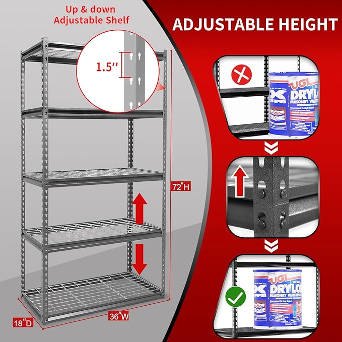 The Atlas 36" W x 18" D x 72" H Adjustable Garage Storage Shelves Load 4000 lbs, 5 Tier Heavy Duty Shelving Unit, Metal Utility Storage Rack for Warehouse Pantry Basement Kitchen, Dark Grey