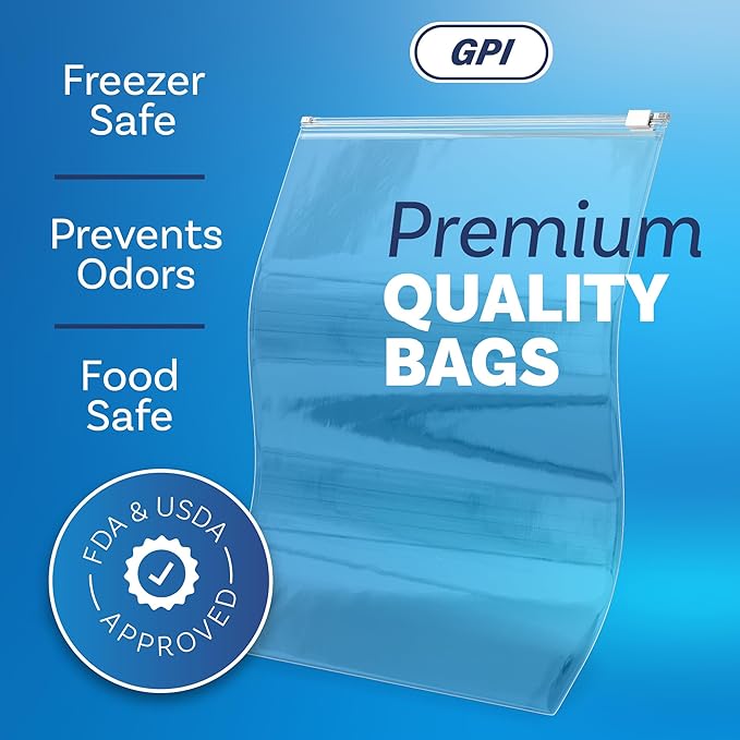 100 Count - Slider Zip Jumbo Food Storage Bags, 16" x 18" 3 Mil Heavy Duty, Extra Large, Strong & Durable For Freezer Storage. GPI