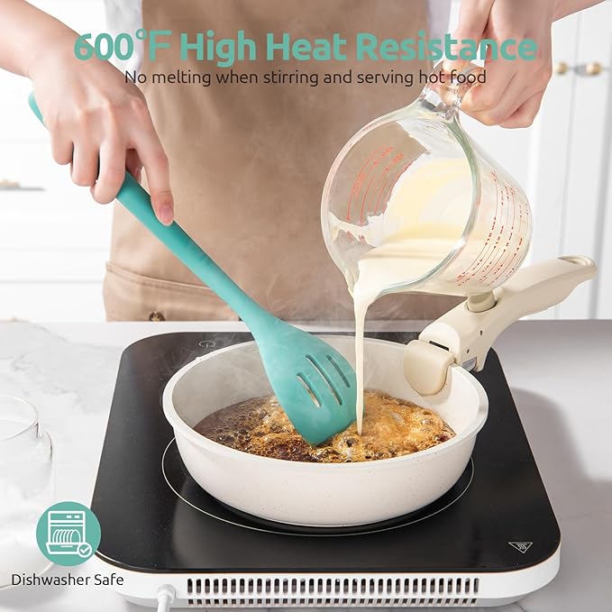 13.3" Slotted Cooking Spoon: U-Taste 600ºF Heat Resistant Kitchen Mixing Spoon, Food Grade Nonstick Long and Large Rubber Soup Utensil for Serving, Stirring, Basting, for Pot Cookware (Aqua Sky)