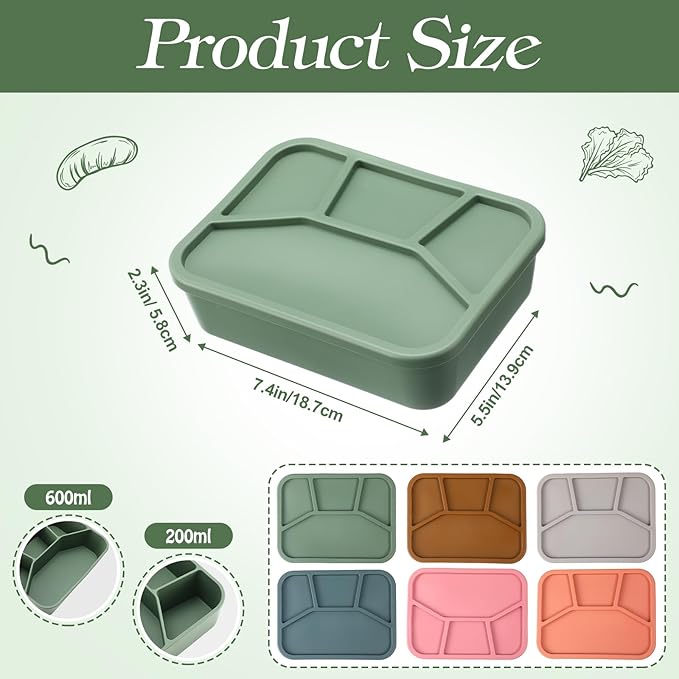 Honeydak 6 Pcs Silicone Bento Box Reusable Lunch Container 4 Compartment Snack Boxes with Lid Smooth LeakProof Rectangle Food Boxes for Adult Work Travel Food Storage (Cute Color)