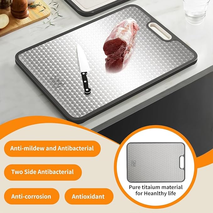 Titanium Cutting Board for Kitchen-2 in 1 Double Sided Pure Large Cutting Board with Magic Cube Texture & 2 Stainless Steel Finger Guards, Non-Slip, Scratch-Resistant, Dishwasher Safe