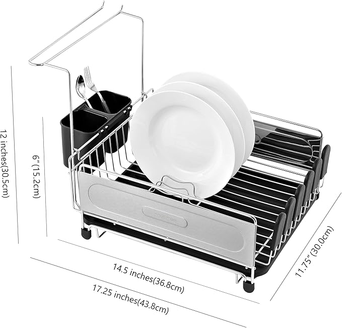 happimess DSH1000A Compact 17.25' Fingerprint-Proof Stainless Steel Dish Drying Rack, Dish Rack with Wine Glass Holder, Utensil Holder, Stainless Steel/Black, Silver/Black