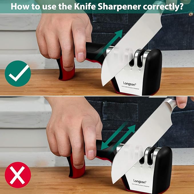 Longzon 4-in-1 Knife Sharpener [4 Stage] with a Pair of Cut-Resistant Glove, Original Premium Polish Blades, Best Kitchen Knife Sharpener Really Works for Fruit and Steel Knives, Scissors