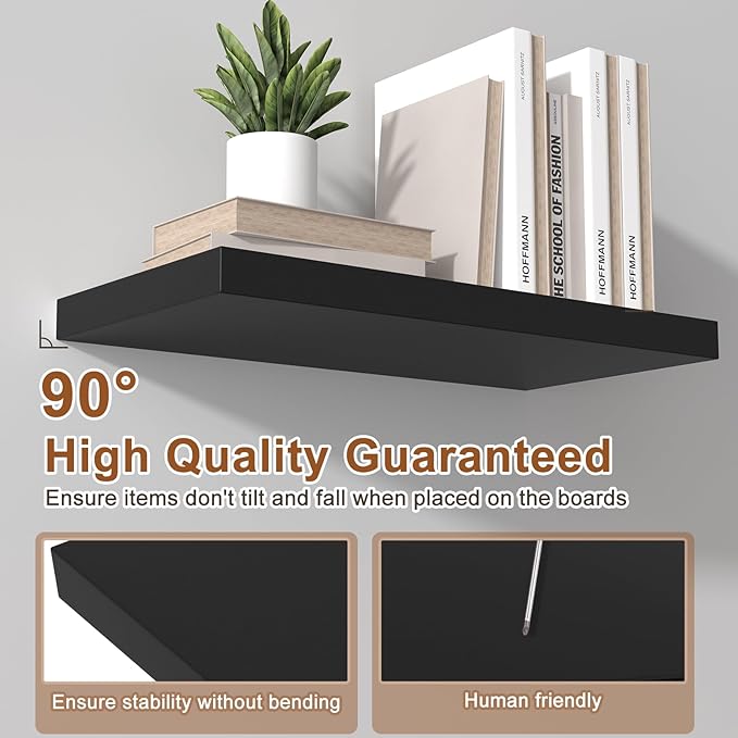 12 Inch Deep Floating Shelves for Wall 2 Pack Floating Shelfs Large Storage Space Wall Decor Display Shelf for Bathroom Living Room Bedroom Kitchen 36" W x 12" D x 1.2" H Black