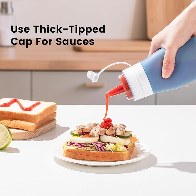 Condiment Squeeze Bottles, 12 oz Silicone Squeeze Bottles For Sauces, Leak Proof Condiment Containers with Extra Interchangeable lid, Easy Squeeze for Oil, Honey & Dressings, BPA FREE (4 Pack)
