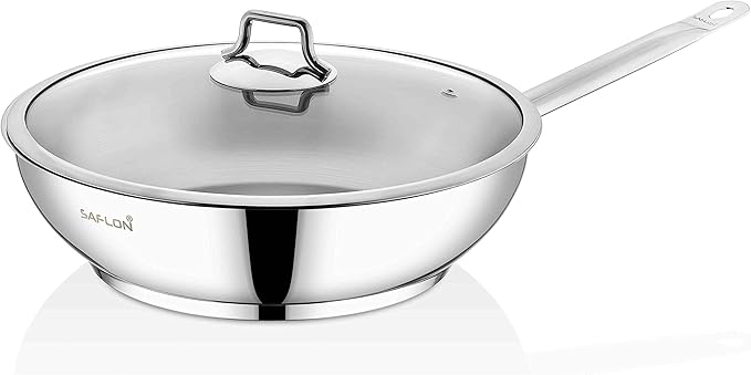SAFLON Stainless Steel Tri-Ply Capsulated Bottom 12 Inch Stir Fry Pan with Glass Lid, Induction Ready, Oven and Dishwasher Safe