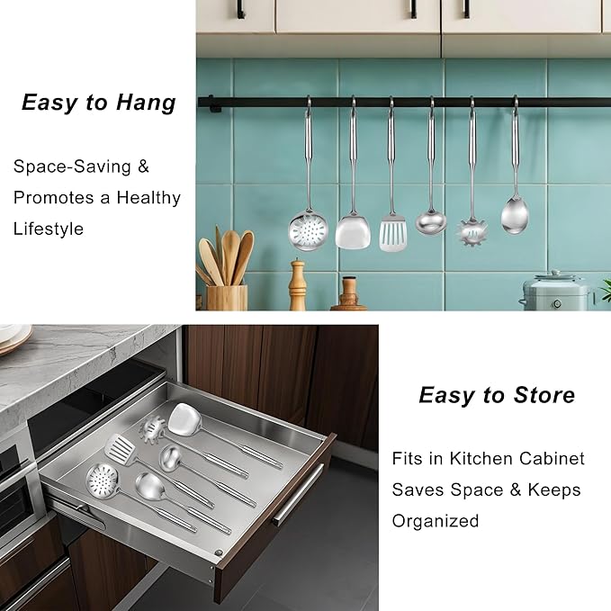 304 18/10 Stainless Steel Kitchen Utensils Set 9 Pack Long Cooking Utensil, Spatula, Soup spoon, Leaking shovel, Ladle, Tunner, Pasta Server, Meat Fork Kitchen Tools Set
