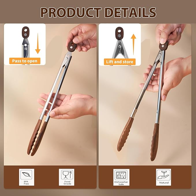 Wooden Tongs for Cooking Heat Resistant 2 Pcs 9 Inch 12 Inch Wooden Salad Tongs with Wood Tip for Serving Food Walnut Wood Kitchen Utensils for Toaster Home Chefs Gift Suitable for Non-stick Cookware