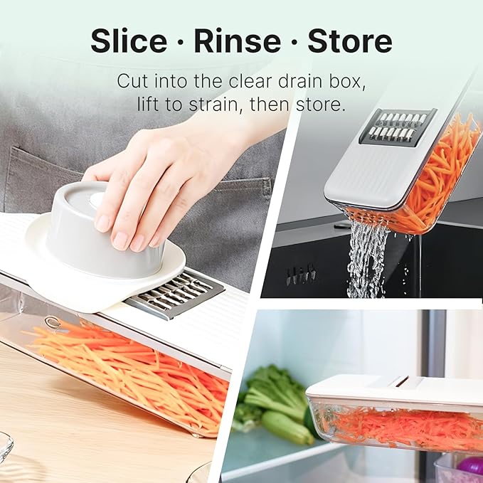 Mandoline Slicer for Kitchen with Drain Box, 6-in-1 Vegetable & Cucumber Slicer with Safety Guard, Extended Handle, Easy Clean Slice-Rinse-Store Design for Salad Prep & Daily Cooking