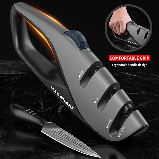 Mad Shark Kitchen Knife Sharpener - 5 Adjustable Sharpening Angle, Diamond Slot - Fine Honing, Design with Non-Slip Rubber Edge Grip, Knife Sharpener for Professional, Chef's Knives, Pocket, Scissors