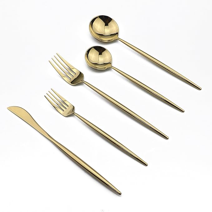 5-Piece Flatware Set, 18/10 Stainless Steel Dishwasher Safe, Mirror Polishing Gold