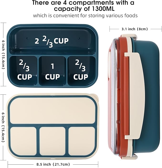 Bento box adult work lunch box, adult container, with 4 compartments, lunch container with cutlery ( knife, fork, spoon, sauce box), animal fruit fork, microwave and dishwasher safe, Orange Blue