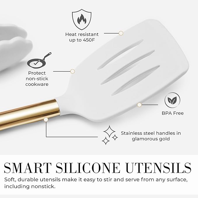 White Silicone and Gold Cooking Utensils Set with Gold Utensil Holder - 7-Piece Silicone Cooking Tools - Ideal for Nonstick Cookware and Stylish Modern Kitchens - Luxury Kitchen Accessories