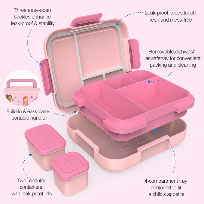 Caperci Bento Box for Kids - Leak-Proof Lunch Box Snack Container with 2 Modular Containers & 4 Compartments, Hold 4.8 Cups, Portable Handle, BPA-Free, Microwave/Dishwasher Safe (Mermaid)