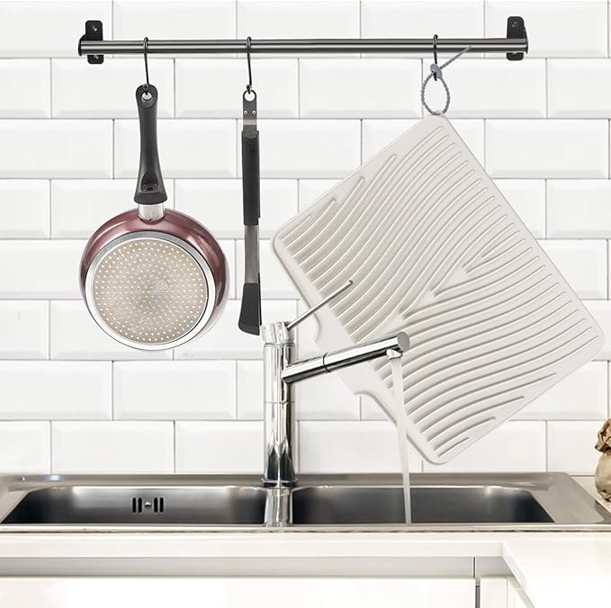 Dish Drying Mat, Stone Drying Mat for Kitchen Counter with Built-in Drain, Non-Slip Drying Matt Kitchen Counter, Heat Resistant Silicone Drying Mat, Dish Drying Pad, 2 Pcs (Cream 19.7" x 17")