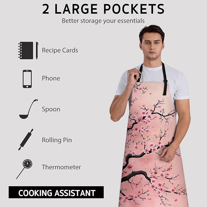 Pretty Cherry Blossom Apron, Kitchen Cooking Baking Adjustable Polyester Pink Blooming Floral Aprons for Women, with 2 Pockets, 28×33in, Ideal Gifts for Wife, for Chef Gardening Grilling