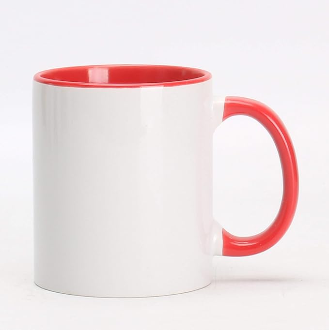 11oz White Ceramic Sublimation Coffee Mug With Solid Colors Inside and Handle, Mixed 6 Colors of Black, Red, Blue, Yellow, Green and Pink, Case of 36