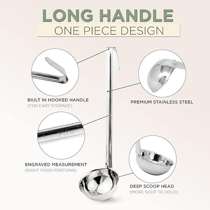 Fit Meal Prep [2 Pack] Stainless Steel Soup Ladle - One-Piece Sauce Spatula w/Hook Handles, Commercial Grade Serving Spoon, Kitchen Tool for Restaurant or Home Cooking, Mirror Finish, 14.25" Long
