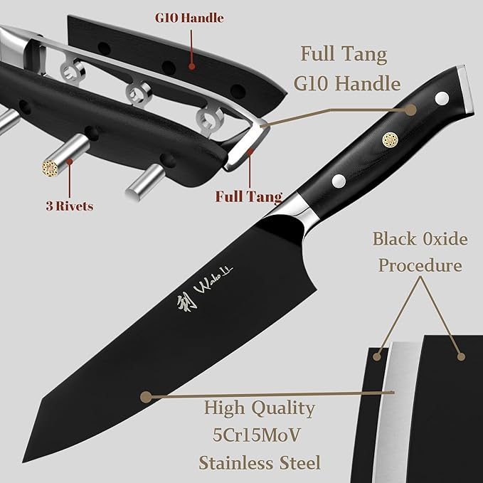Wakoli Titanium Noir Kitchen Knife Set – 3-Piece Professional Kiritsuke Chef Knife Set | 5Cr15MoV Stainless Steel Blades with Black Titanium Coating | Ergonomic G10 Handles | Wooden Gift Box