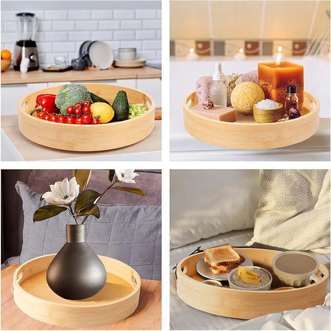13in Bamboo Lazy Susan Pantry Organizer and Storage for Countertop and Spice Organization for Cabinet Round Rotating Serving Tray Turntable Seasoning Organizer for Kitchen Table Top (Bamboo-2, 13in)