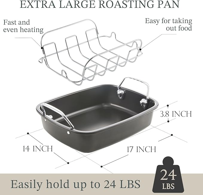 KITESSENSU Large Roasting Pan with Rack - 25 LB Nonstick Turkey Roaster Pan for Oven - Heavy Duty Carbon Steel Roasting Pan with Wider Handles for Chicken, Vegetables & Holiday Meals, Gold