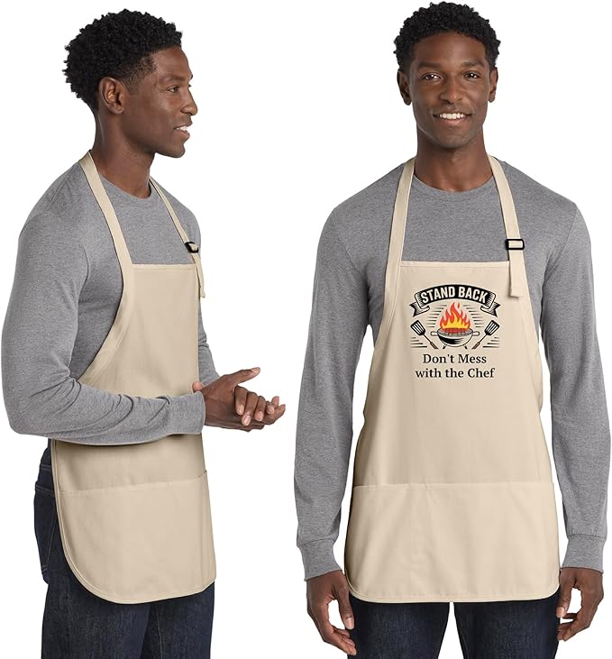 Personalized Medium Length Cooking & Grill Apron – Stand Back Design with Custom Text (1-2 Lines)