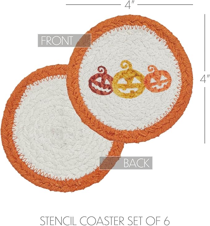 VHC Brands Country Halloween Stencil Braided Cotton Coaster Set of 6, Decorative Fall Coasters, Table Decor for Fall Thanksgiving and Halloween