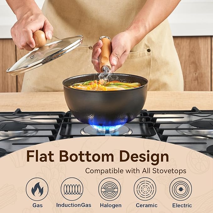 WANGYUANJI 7.1 Inch Hammered Cast Iron Saucepan with Glass Lid, Removable Beechwood Handle, Small Milk Pot for Boiling, Simmering, Heating – Non-Coated, Stovetop Compatible