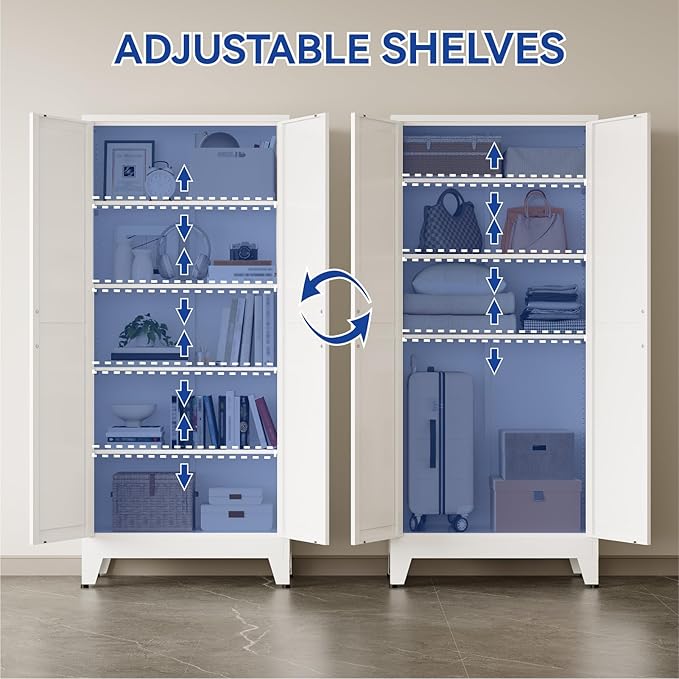 COFaR 71 in Tall Metal Storage Cabinet, Metal Cabinet with 4 Adjustable Shelves and Barn Doors, Farmhouse Cupboard Storage for Kitchen Pantry Garage Laundry, White 5-Tier