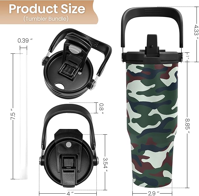 SANDJEST Camo Tumbler with Handle 30oz - Camouflage Tumblers Stainless Steel Insulated Flip Straw Coffee Travel Cup, Gifts for Men Veteran Hunting Lover Sport Outdoor Workout