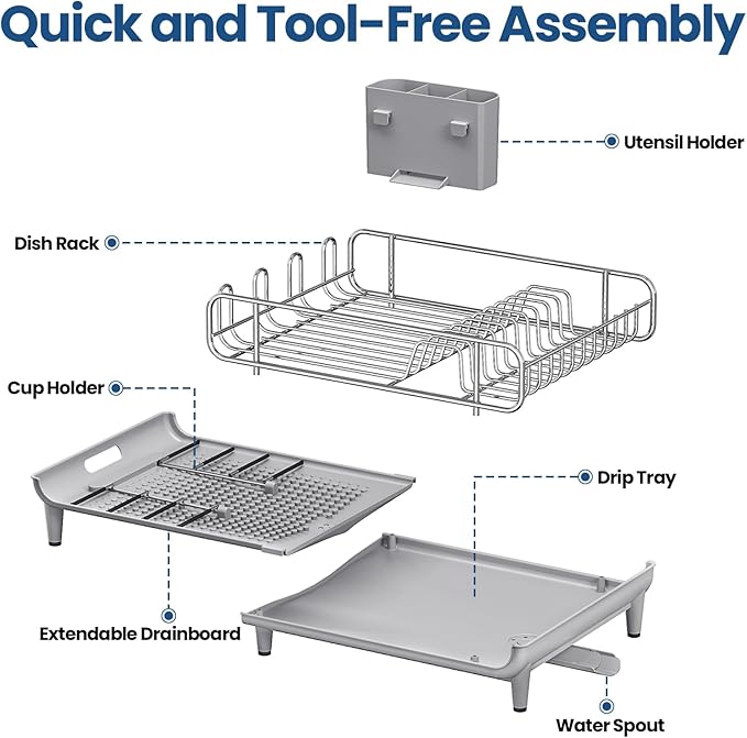 TOOLF Expandable Dish Rack, Dish Drying Rack for Kitchen Counter, Foldable Dish Dryer Rack, Stainless Steel Dish Drainer Racks with Cutlery Holder, Collapsible Dish Drying Racks Large Size,Gray