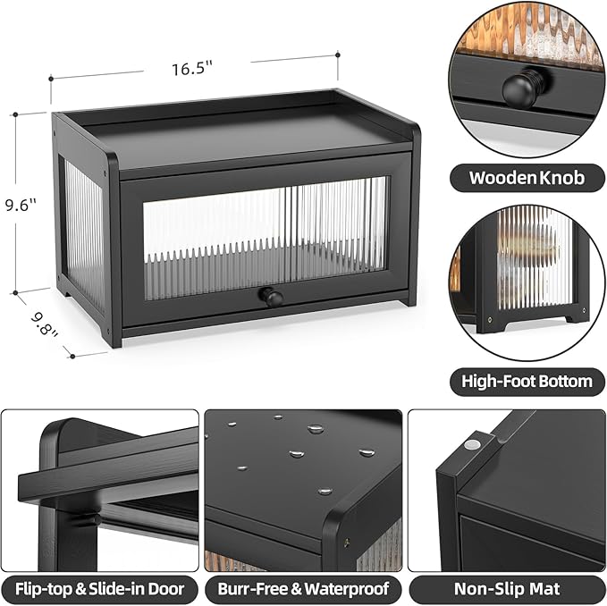BAMBANG Bamboo Bread Box for Kitchen Counter, Large Capacity Bread Storage Container Farmhouse Bread Box with 3 Sides Wavy & Back Clear Window, Breadbox Bread Bin Holder for Homemade Bread, Black