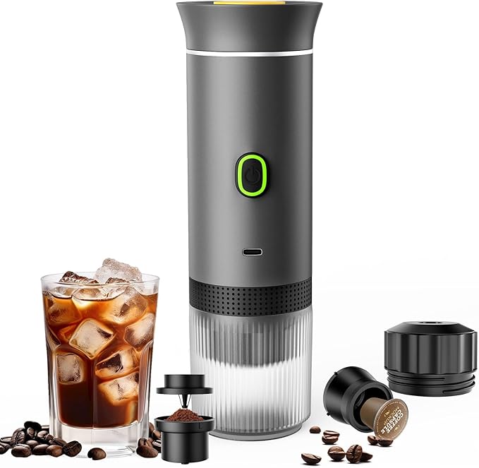 Portable Coffee Maker, Espresso Machine for camping, Travel Coffee Maker with USB-C, 3-in-1 Small Espresso Machine with Ground Coffee & Capsules (NS＆DG) for RV, Hiking, Office(Grey)