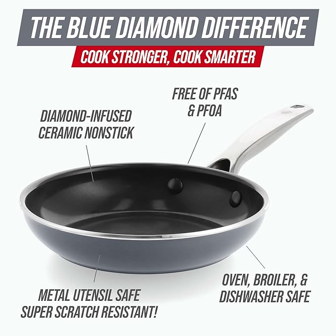Blue Diamond Frying Pan 8” Skillet, Diamond Infused Healthy Ceramic Nonstick, PFAS and PFOA-Free, Dishwasher and Oven Safe, Even Heating, Metal Utensil Safe, Warp Control Base, Grey